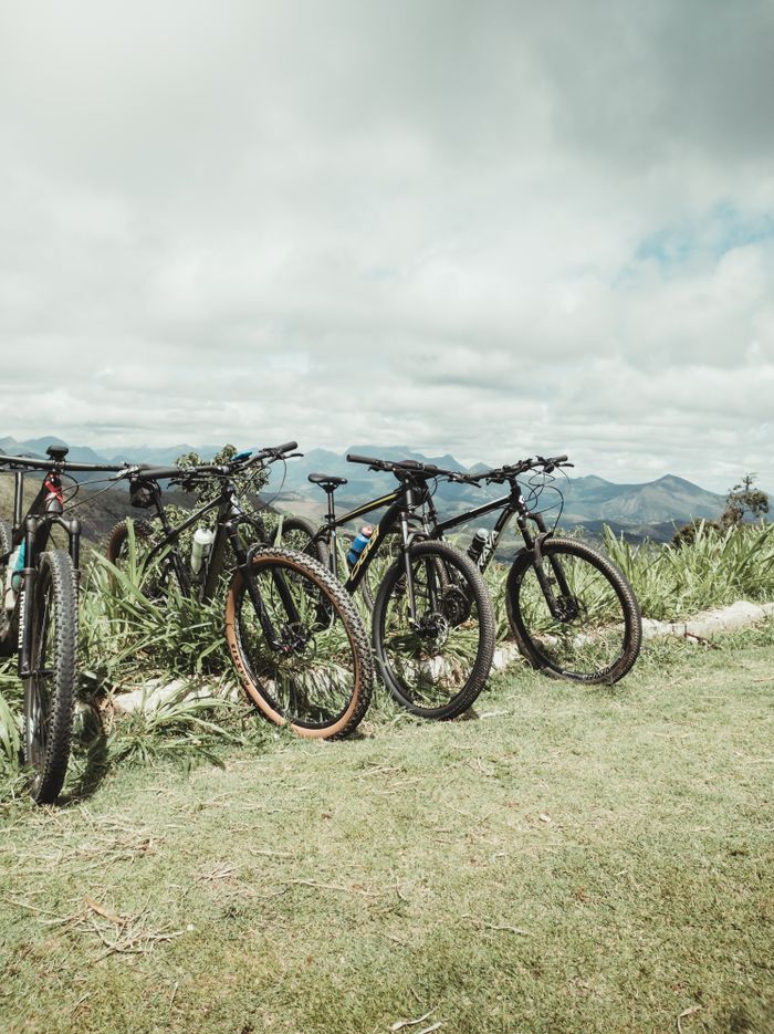 Row of parked mountain bikes in a lush outdoor setting with a scenic mountain backdrop.